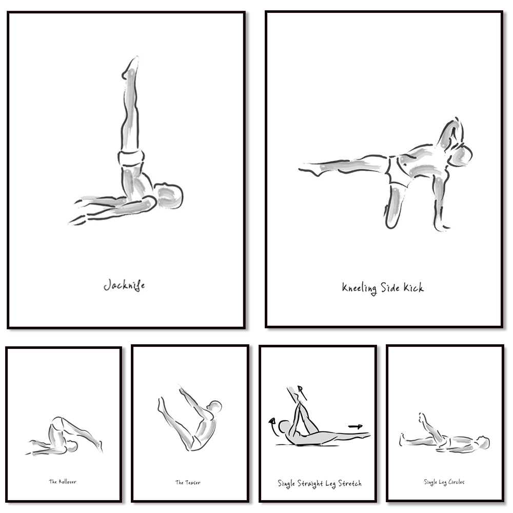 Pilates Yoga Combined - Pilates-Übungs-Infografiken in Schwarz-Weiß, Joseph Pilates Poster,