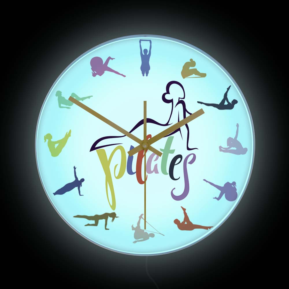Pilates Yoga Room - Pilates-Posen Farbenfrohe Druck-Wanduhr mit LED-Hintergrundbeleuchtung Fitnessraum